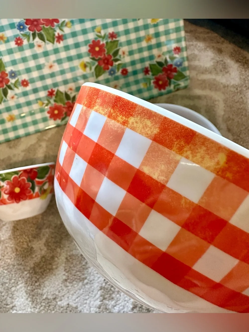 Nancy Green Floral Gingham Melamine Dinnerware Set - Blue & Multi-Color see pics